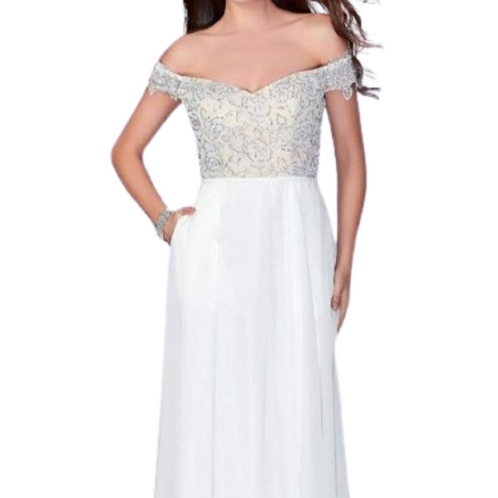 NWT La Femme 24001SC Chiffon Off-Shoulder Bridal Dress Ivory size 10